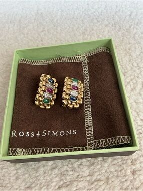 BEAUTIFUL ROSS SIMONS VINTAGE 14K DIAMOND, RUBY, SAPPHIRE & EMERALD EARRINGS